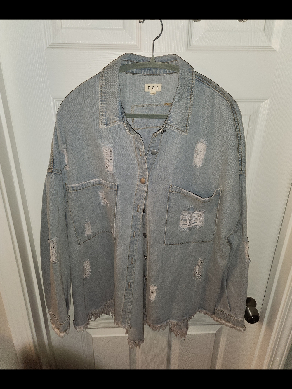 POL Light Blue Distressed Denim Shacket